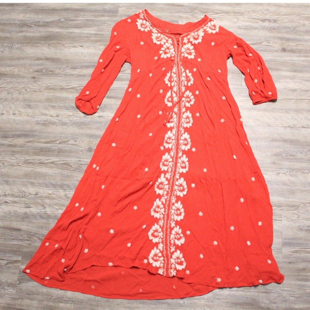 Free People Peasant Maxi Dress Women's M Red Embroidered Floral Boho